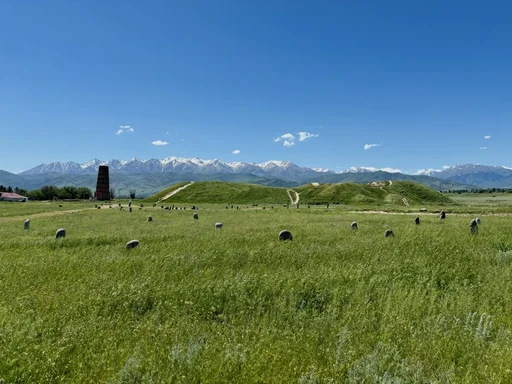 Зеленые альпийские луга и снежные горные хребты возле башни Бурана